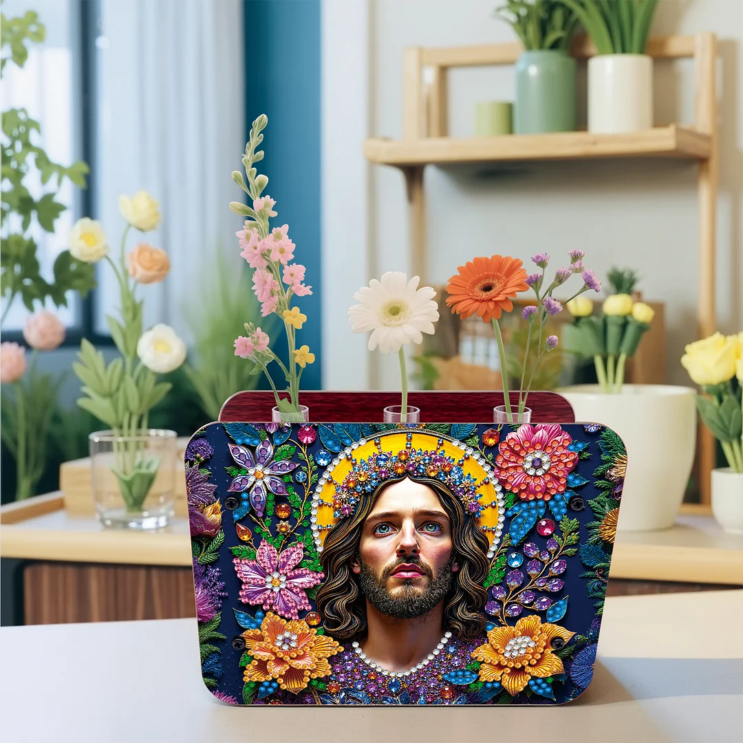 Jesus DIY Flower Vase Wooden Double Sided Desktop Diamond Art Kit for Home Decor