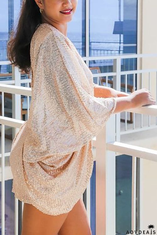 V Neck Sequins Backless Bat Ruched Mini Dress