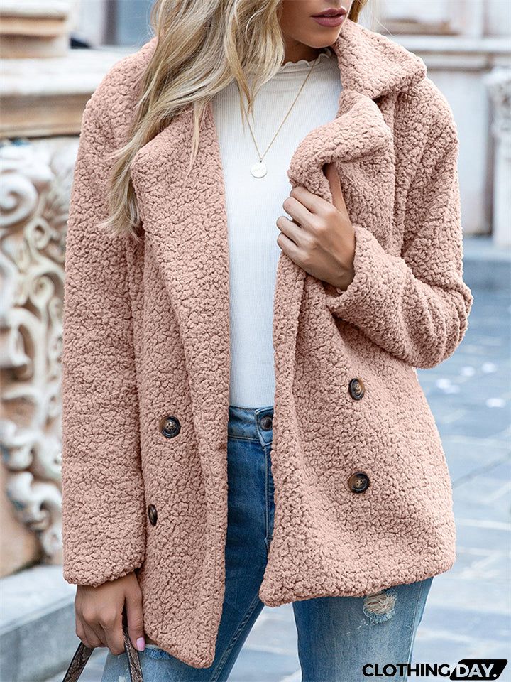 Casual Trendy Lapel Buttons Solid Color Coat For Women