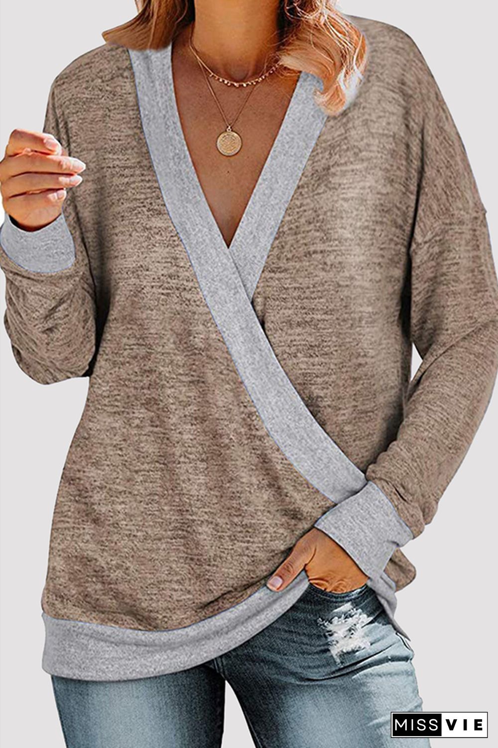Casual Patchwork Basic Contrast V Neck Tops