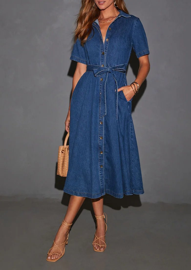 Women's French Style V-neck Lace-up Retro Denim Dress