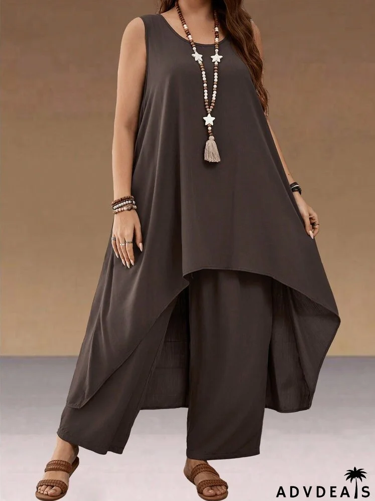 Plus Size Women Simple Solid Color Sleeveless Top And Long Pants Set