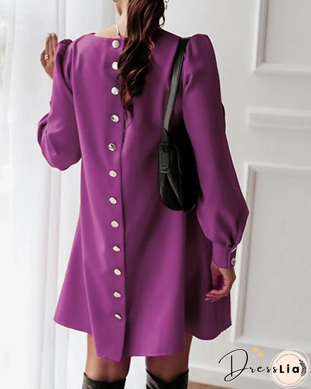 Elegant Women Metal Buttoned Mini Dress Casual Spring O Neck Party Dress