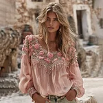 Women's Romantic Floral Embroidered Art Print Flowy Linen Blend Casual Tops - Image 2