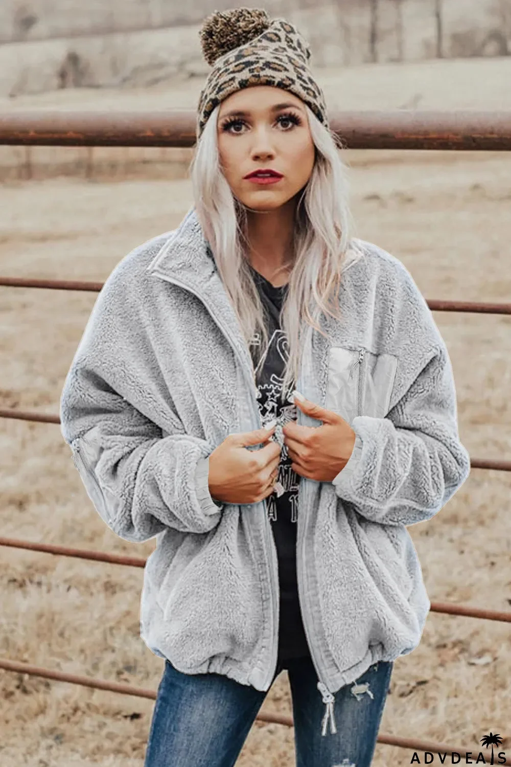 Zip Up Sherpa Coat With Pocket