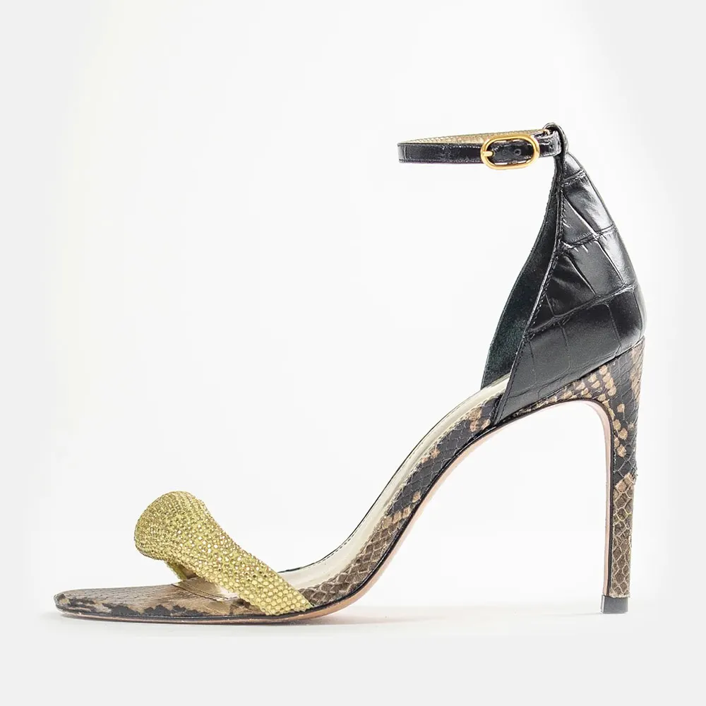 Black & Gold Rhinestone Snakeskin Pattern High Heels Sandals