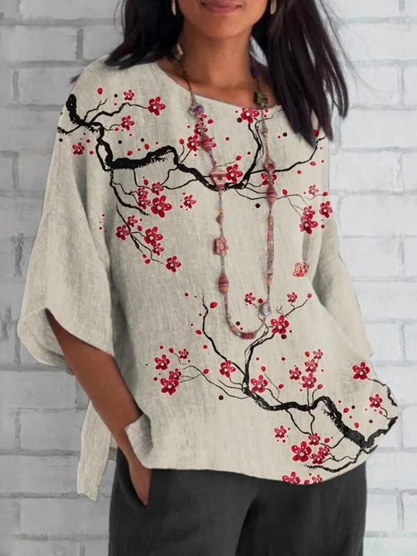 Women's Casual Retro Printed Loose Round Neck Mid-sleeve Top
