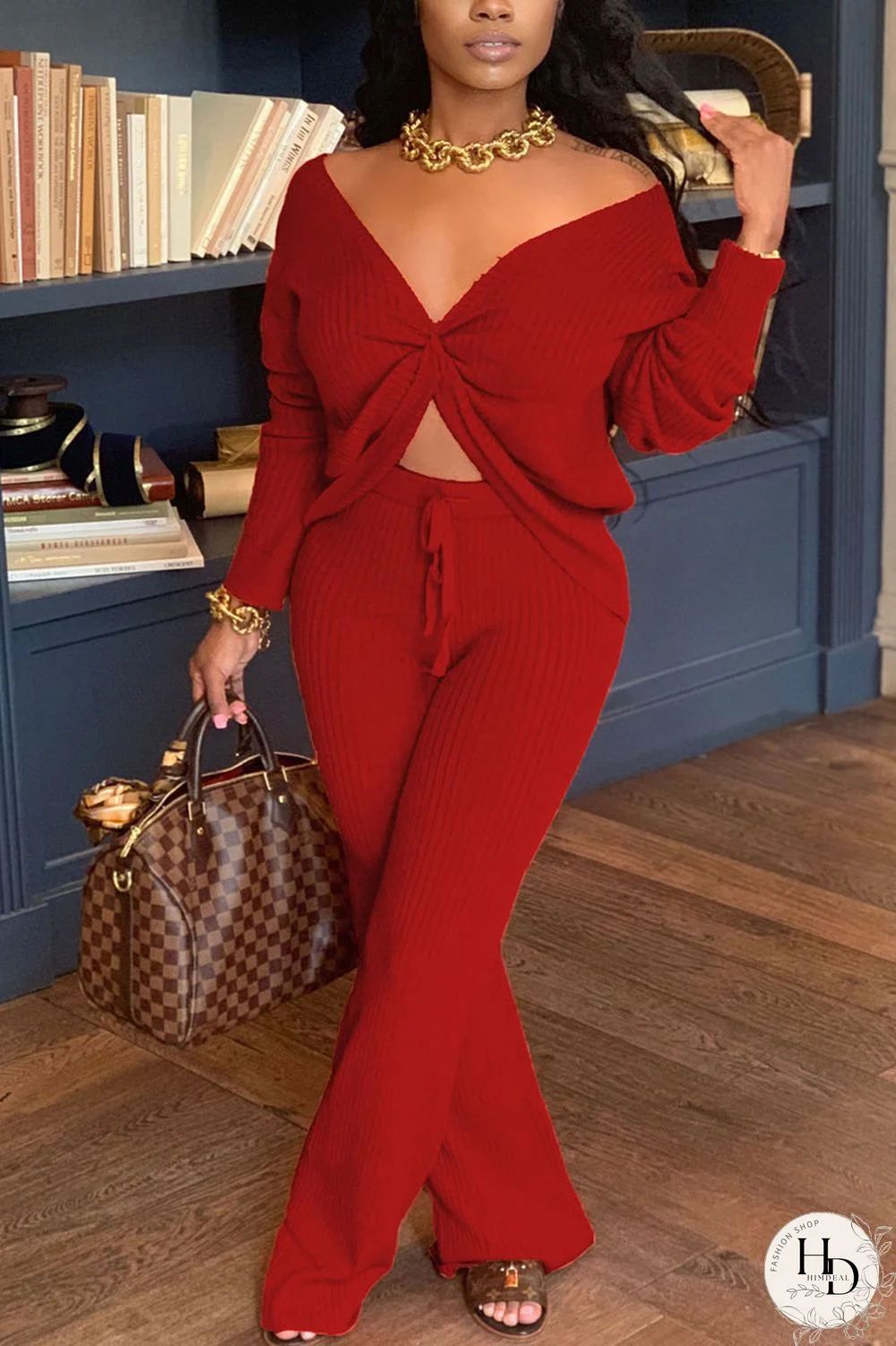 Wine Red Fashion Casual Polyester Spandex Pit Article Fabrics Solid Pants Knotted V Neck Long Sleeve Regular Sleeve Regular Two Pieces