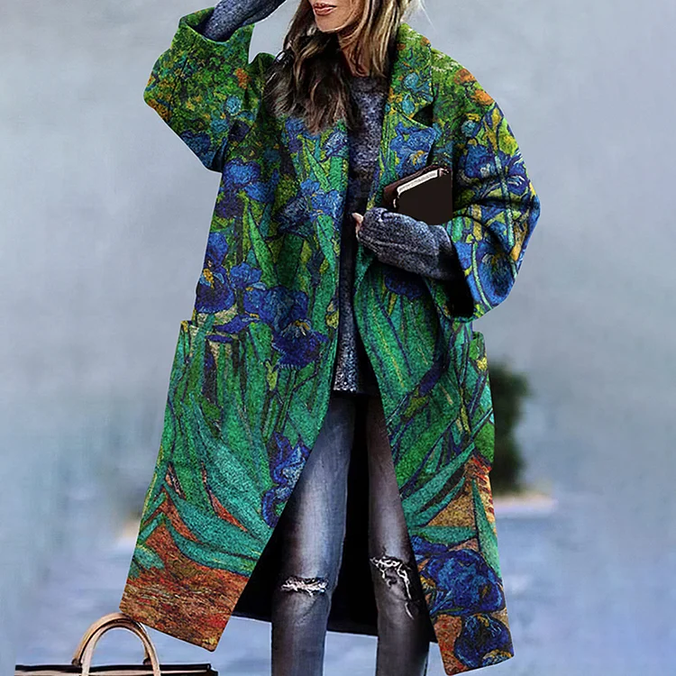 Comstylish Floral Oil Painting Pattern Loose Lapel Mid Length Woolen Coat