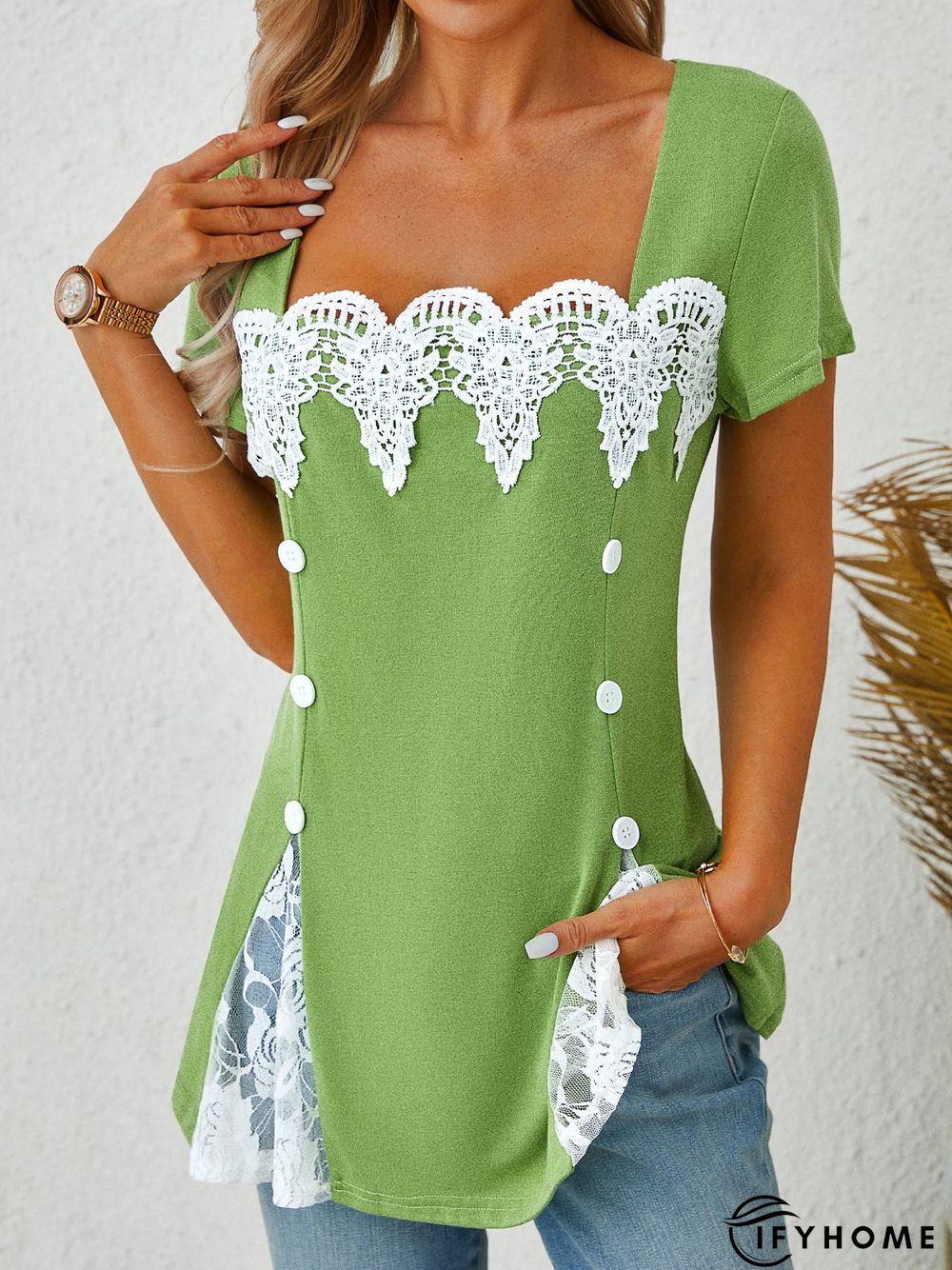 Lace Square Neck Casual Short Sleeve T-Shirt | IFYHOME