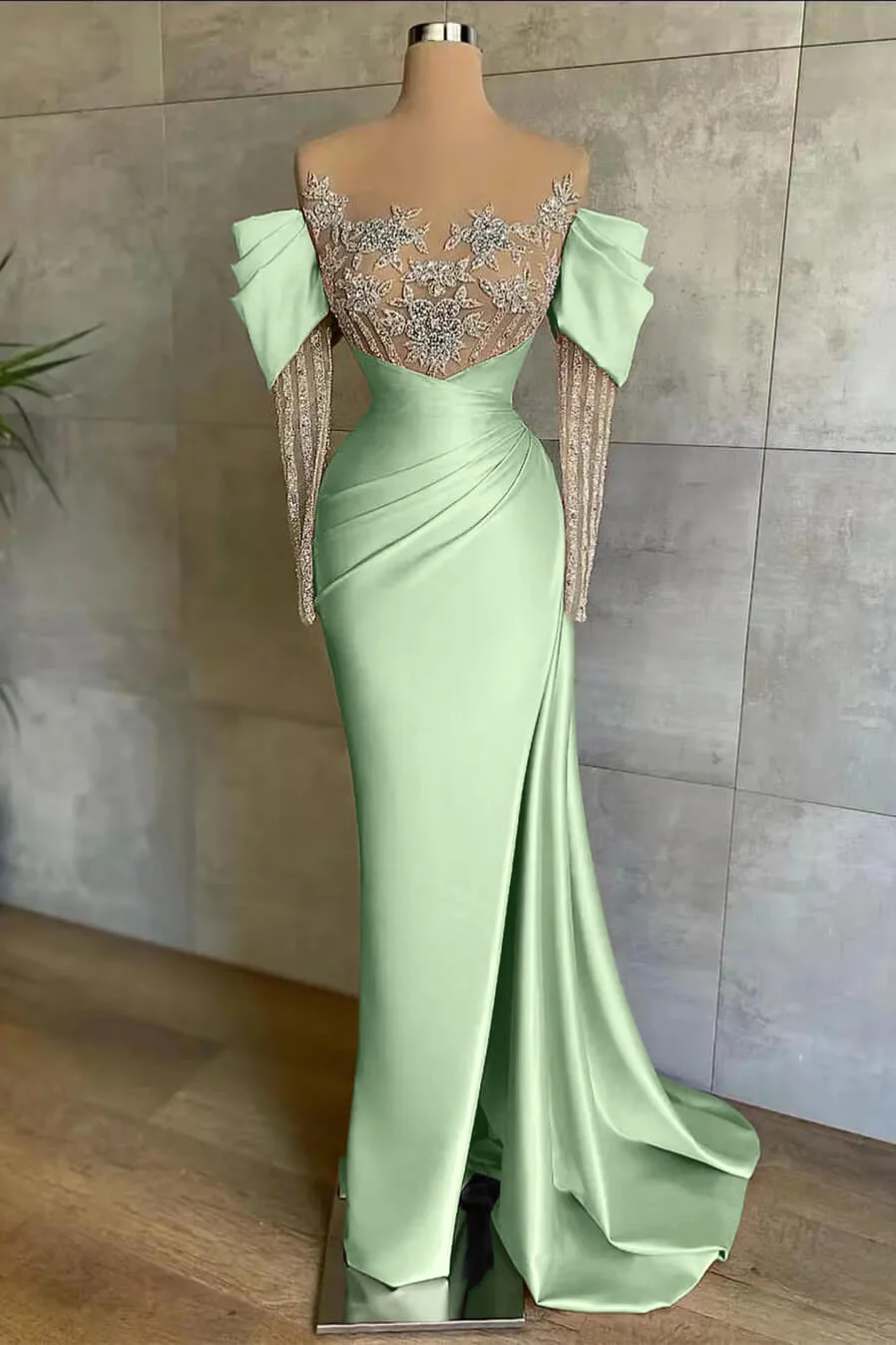 Pink Off-The-Shoulder Front Split Mermaid Long Sleeves Prom Dress Beadings With Appliques ED0148