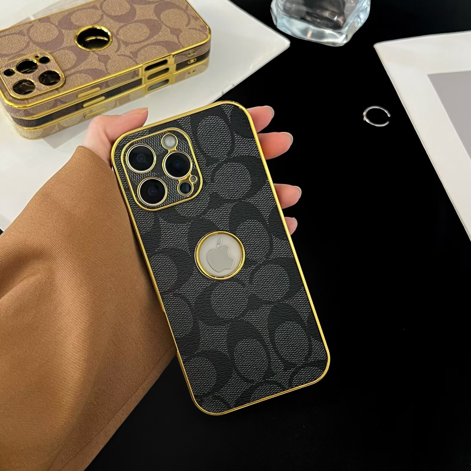 Classic Coach Signature Canvas Leather Electroplated Apple iPhone Case