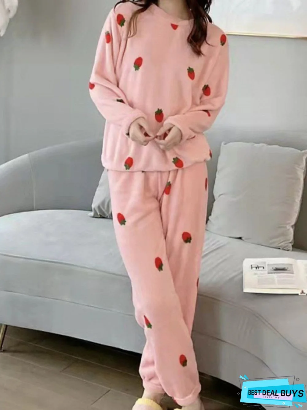 Strawberry Print Long Sleeve Pants Casual Loungewear Two Piece Plus Size