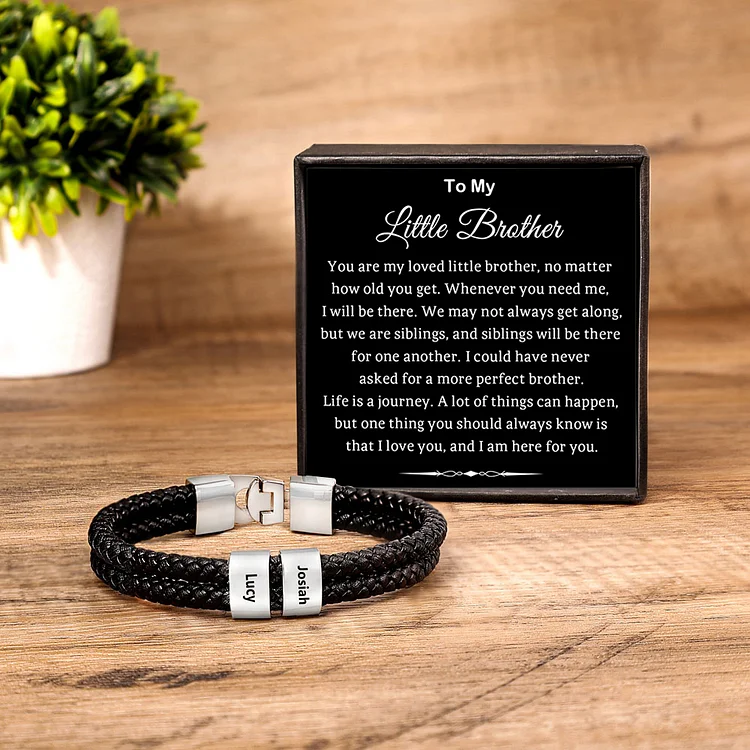 To My Little Brother Leather Bracelet with Beads Engraved 2 Names Two Layers Bracelet - You Are My Loved Little Brother, No Matter How Old You Get