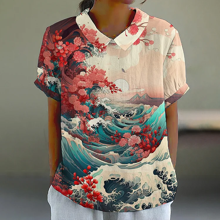 Vintage Floral Sea Wave Japanese Art Casual Cotton Linen Shirt