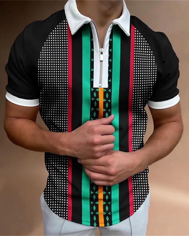 Men's Casual Vertical Stripe Print Short Sleeve Polo Shirt