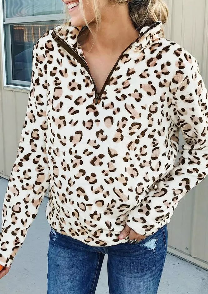 Leopard Zipper Plush Long Sleeve Sweatshirt  LILYELF