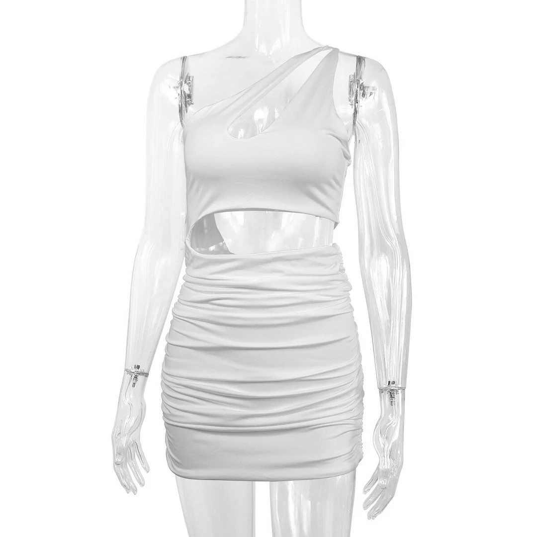 Uveng Sexy Bodycon Summer Dress Women 2022 Club Party Dresses Femme One Shoulder Backless Ruched Cut Out Mini Black White Vestido