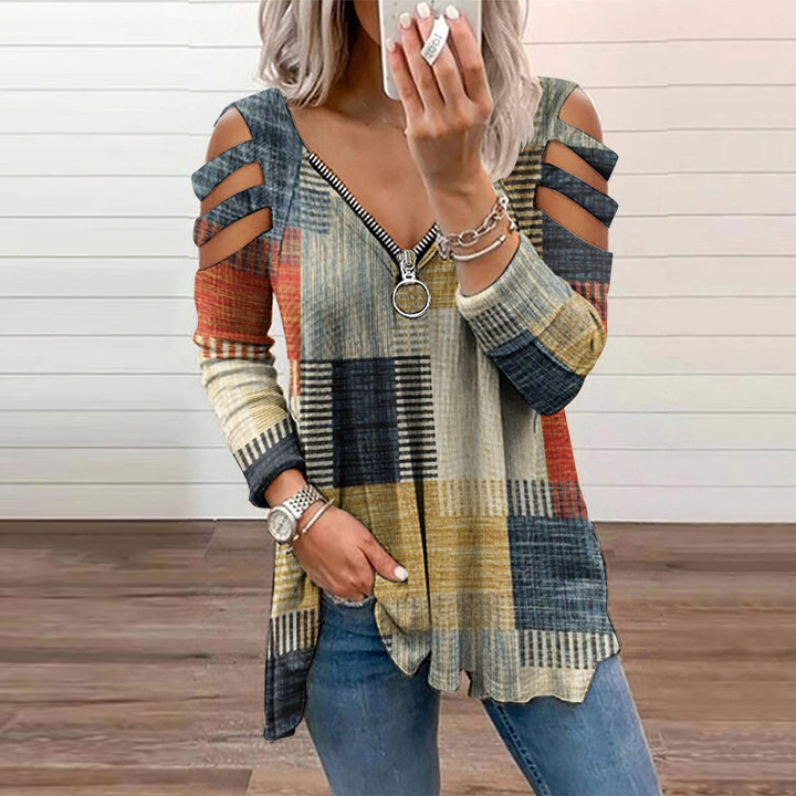  Retro Geometric Print Off-The-Shoulder Long Sleeved T-Shirt Westsshops
