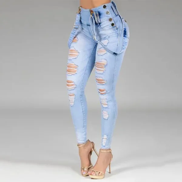Toloer Women Jeans High Waisted Straight Skinny Stretchy Pant Streetwear Ladies Hole Washed Bandage Denim Pencil Pants Trousers 2021