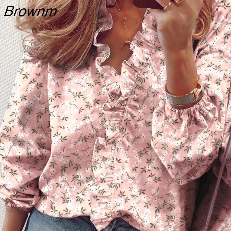 Brownm Spring New Chiffon Ruffles Women Shirt Plus Size 4XL 5XL Blouses Floral Long Sleeve Loose Female White Clothing Blusas18246