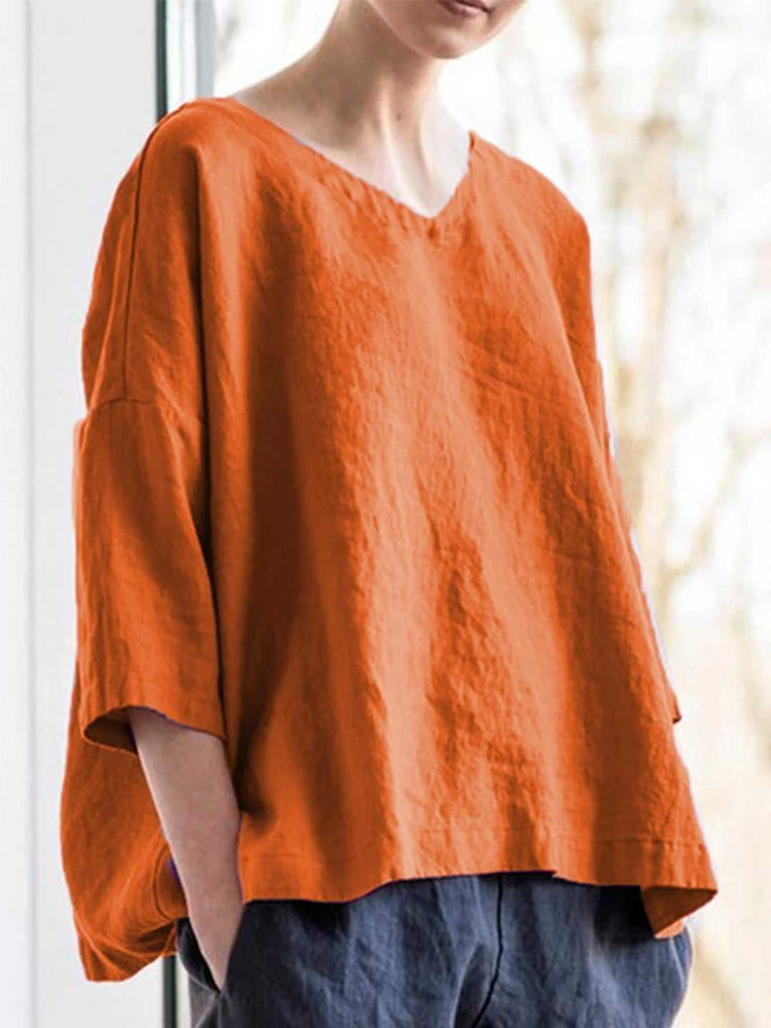 Women Casual Top V Neck Asymmetrical Long Sleeve Cotton Shirt