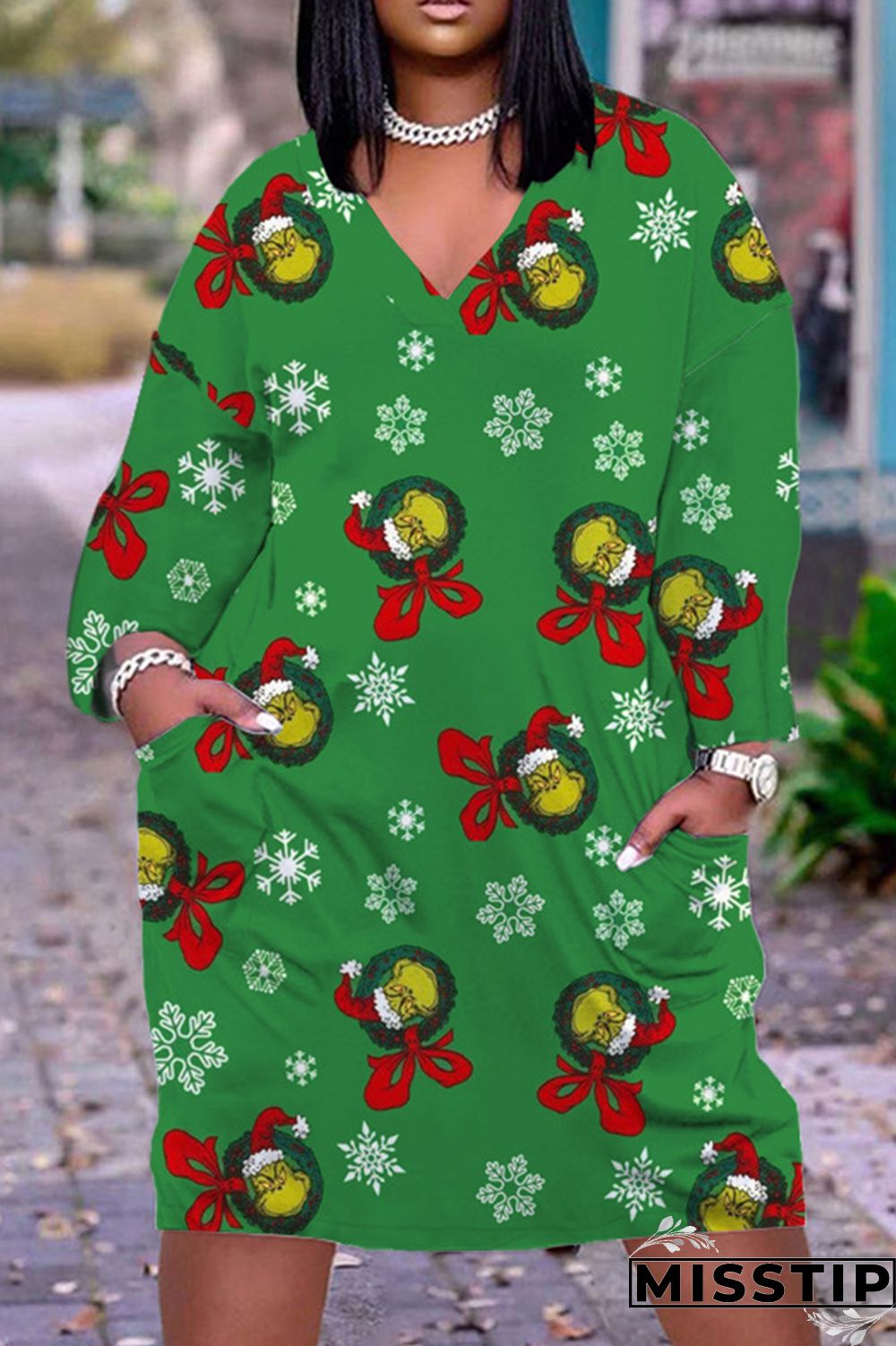 Black Casual Print Patchwork V Neck Long Sleeve Dresses