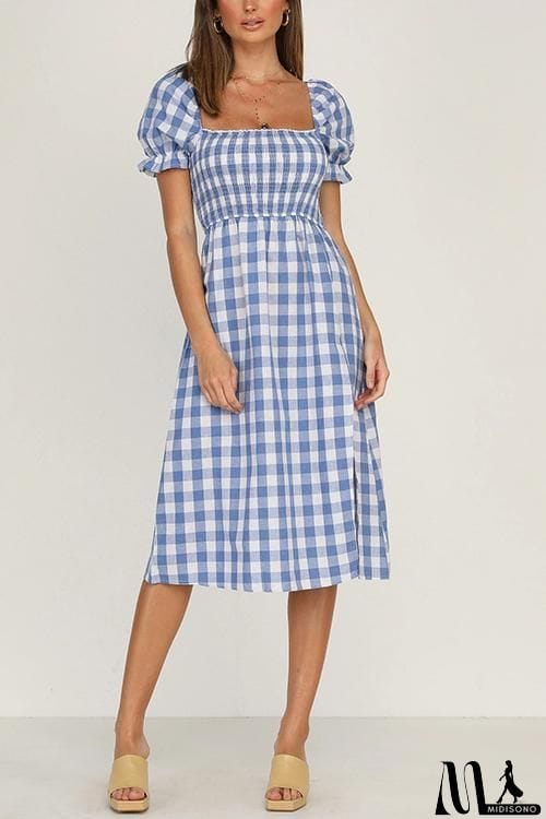 MidiSono - Plaid Square Neck Slit Dress