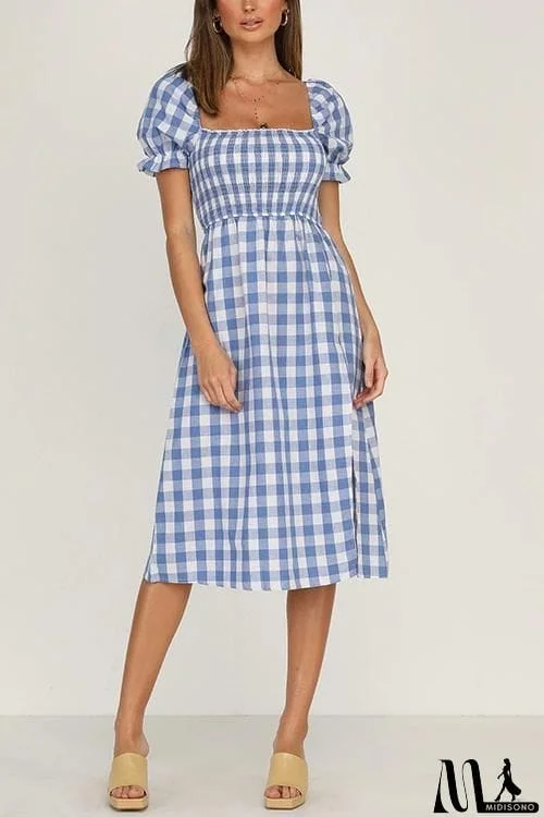 MidiSono - Plaid Square Neck Slit Dress