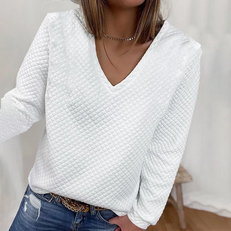 Fashion Solid Waffle V-Neck Pullover Sweater