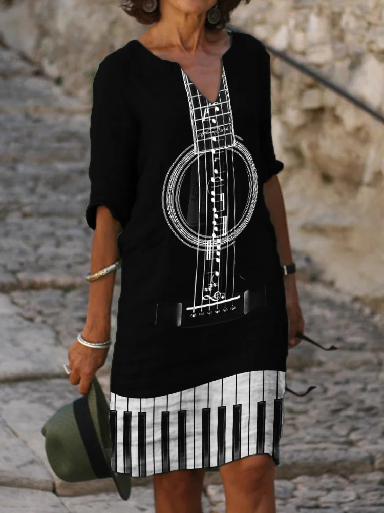 Music Notes String Guitar & Piano Keys Contrast Midi Dress