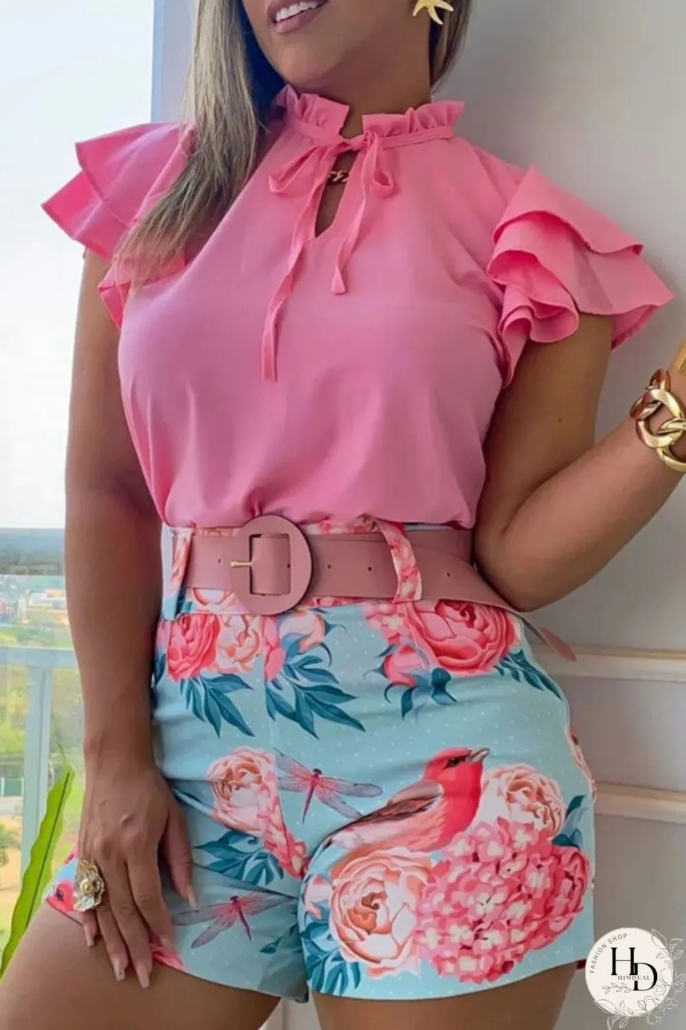 White Casual Print Bandage Patchwork With Belt O Neck Short Sleeve Two Pieces