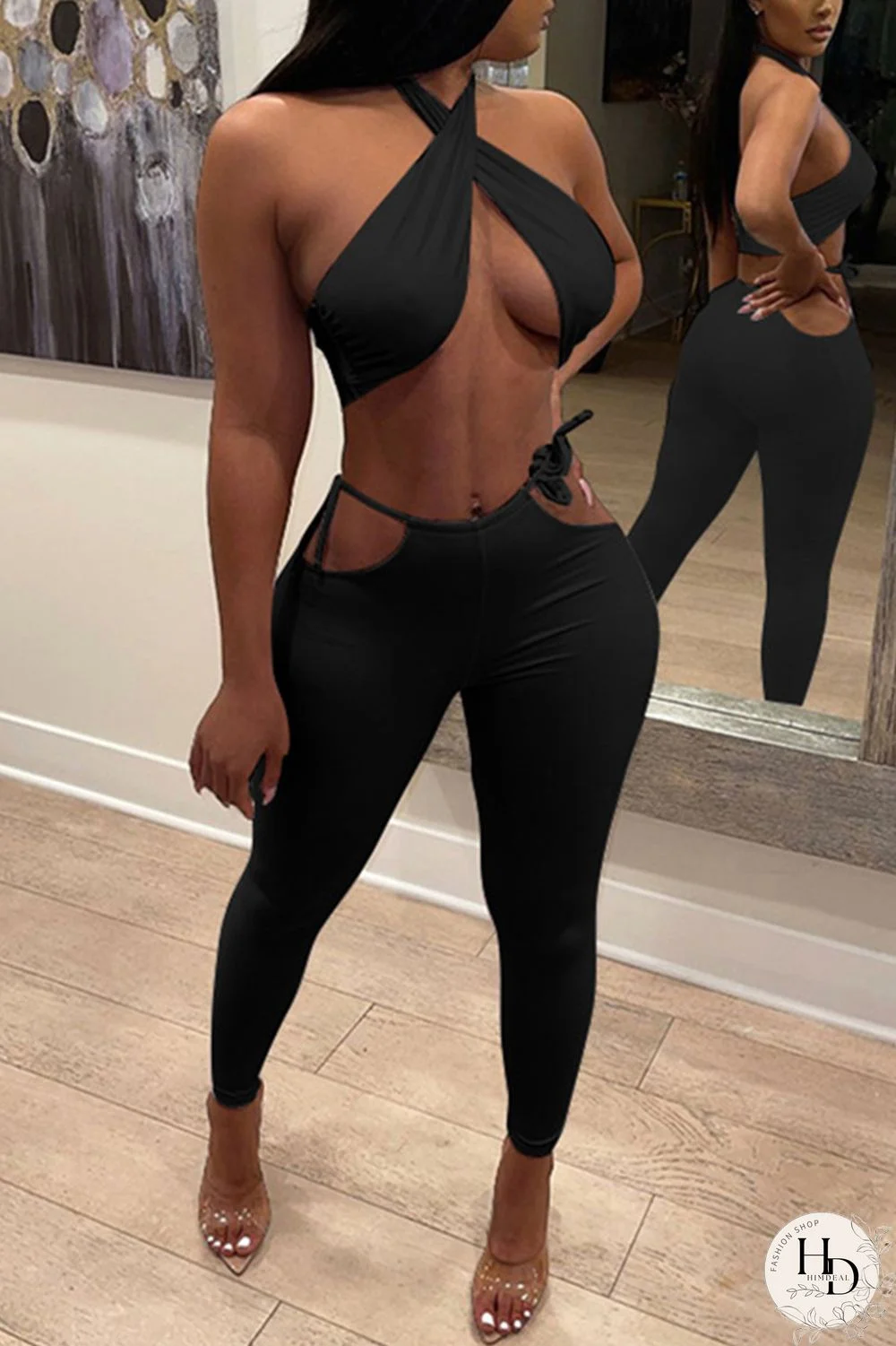 White Fashion Sexy Solid Backless Halter Sleeveless Two Pieces