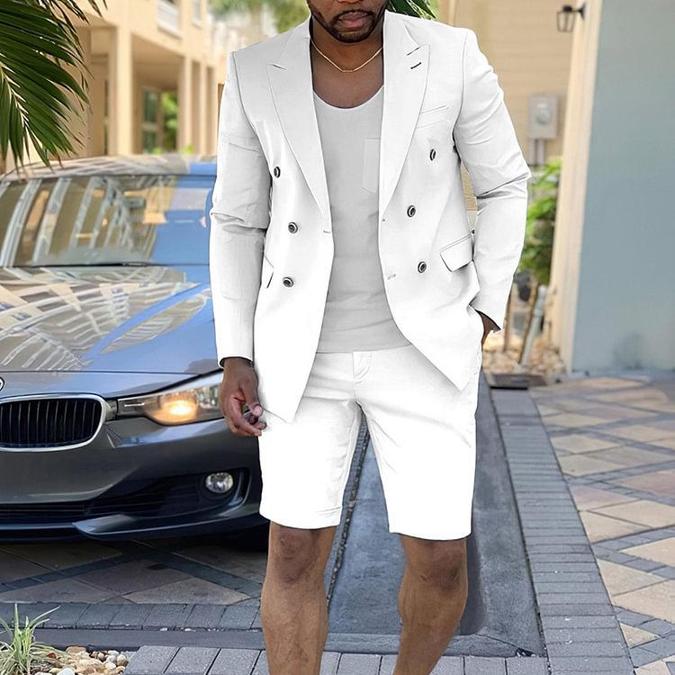 BrosWear Fashion White Blazer And Shorts Two-Piece Set