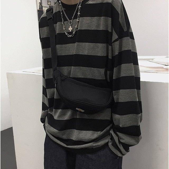 Harajuku Oversized High Street Stripe T-shirt long sleeves vintage style All-match fashion Unisex clothes Japanese Streetwear - BlackFridayBuys