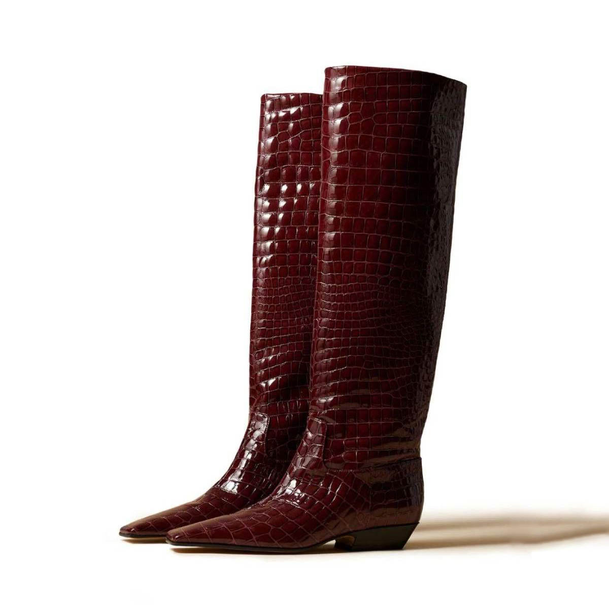 Maroon Crocodile Embossed Square Toe Chunky Heel Knee High Boots Nicepairs