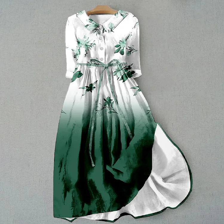 VChics Gradient Floral Print Lapel Midi Dress