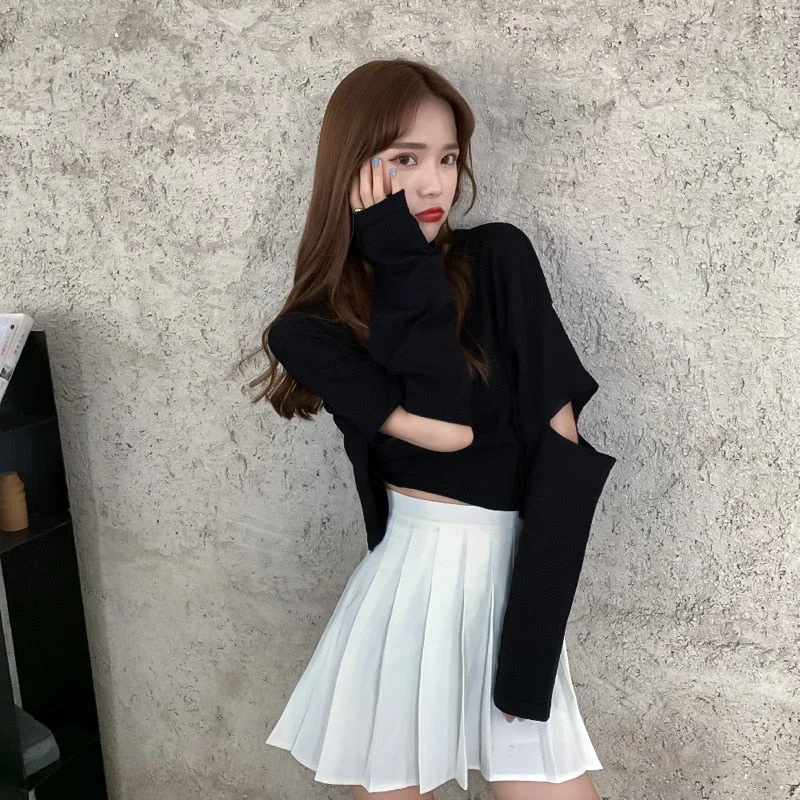 autumn Long Sleeve Hole Women T-shirts slim Black Crop Top young girls T Shirt Fashion korean basic short T-Shirt women clothing