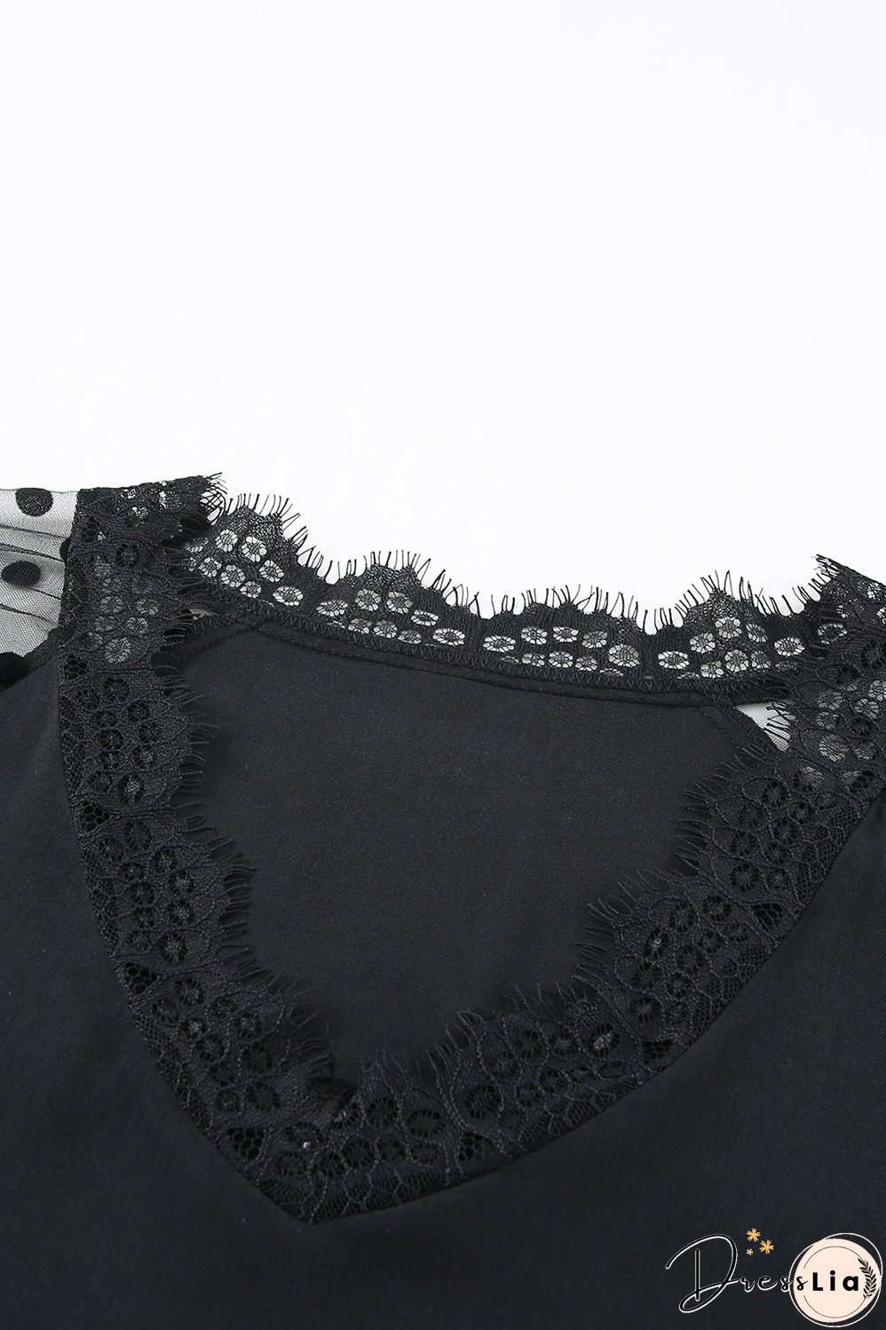 Polka Dot Lace Trim Spliced Mesh Blouse