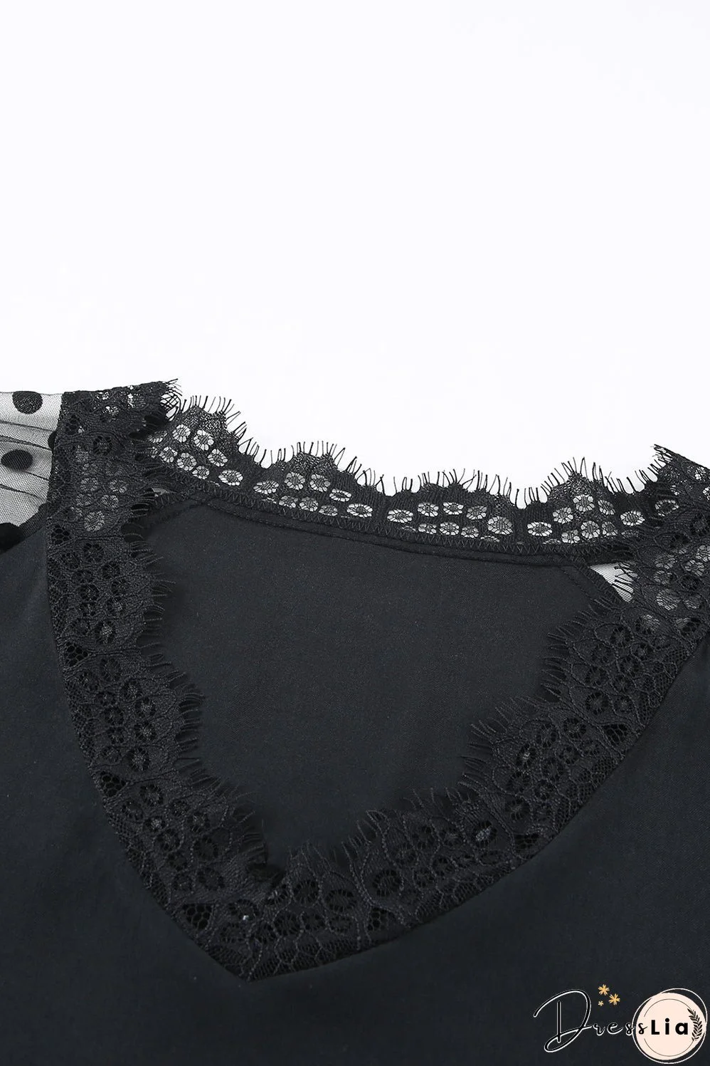 Polka Dot Lace Trim Spliced Mesh Blouse