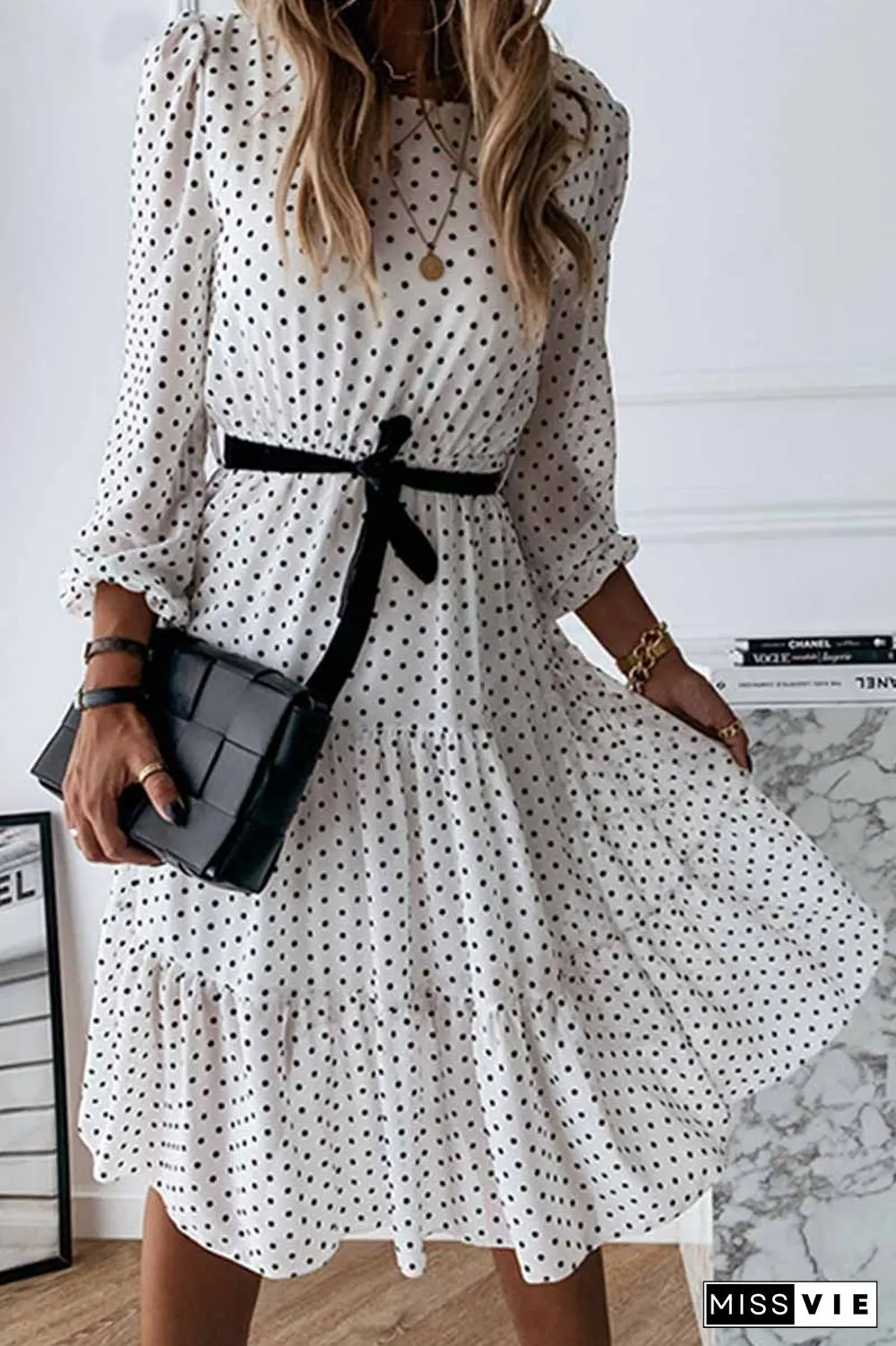 Elegant Dot Print Round Neck Tie Midi Dress