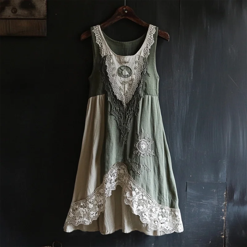 Vintage Lace Patchwork Cozy Linen Tank Dress