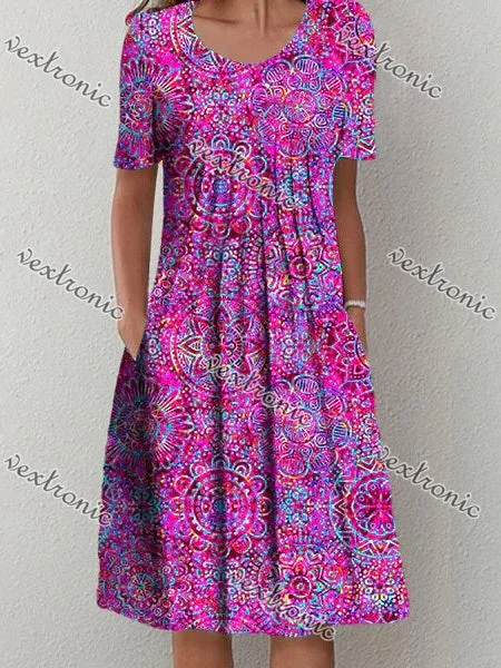Women's Purple Short Sleeve Scoop Neck Graphic Floral Printed Midi Dress