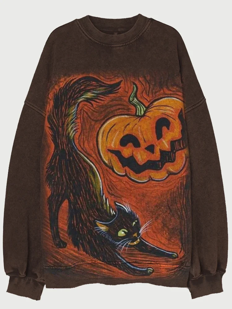 Vintage Halloween Black Cat And Pumpkin Art Washed Sweatshirt