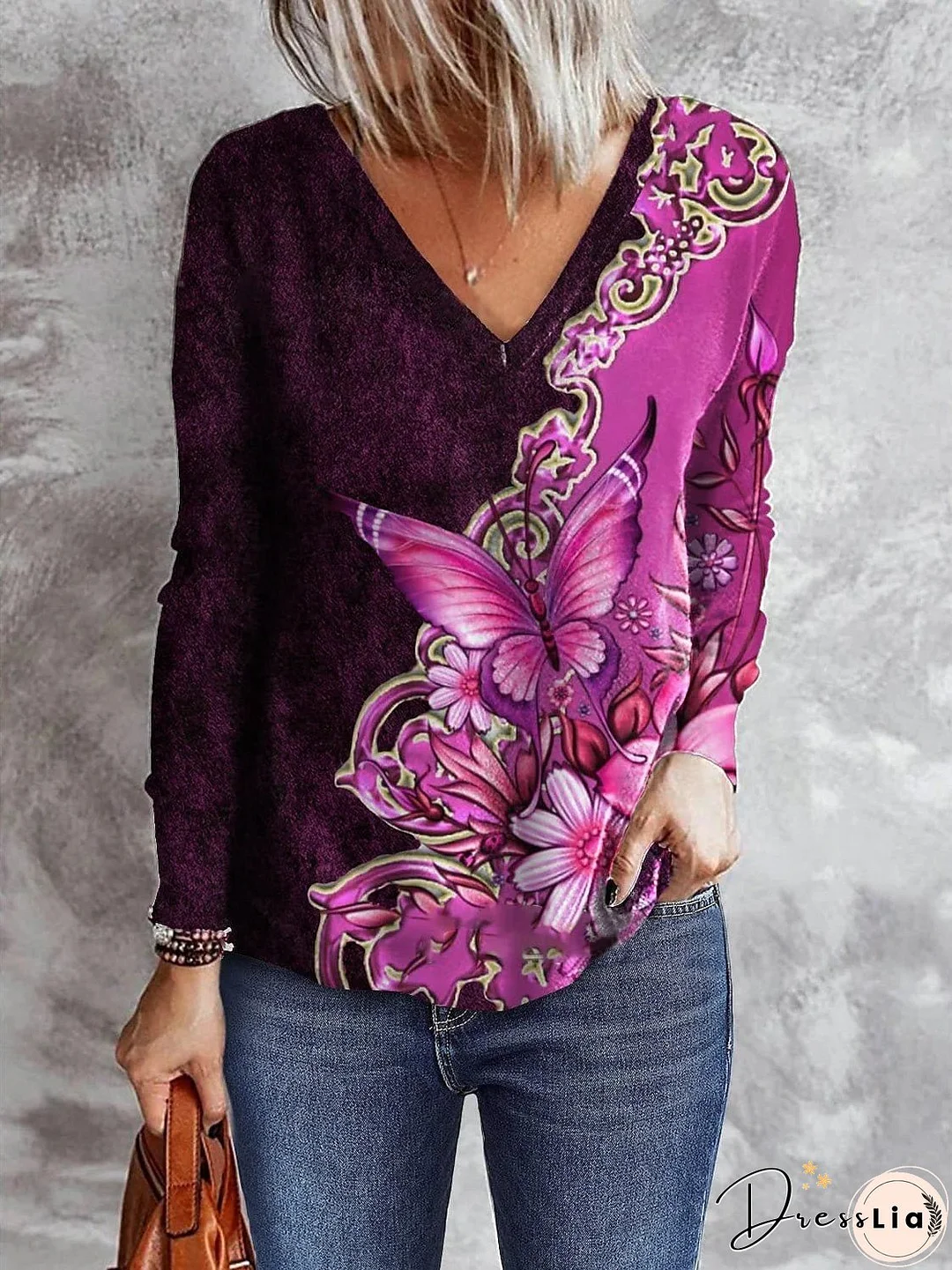 Floral Butterfly Long Sleeve V-Neck Top