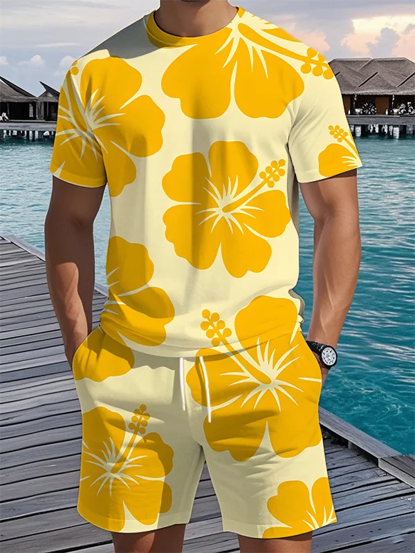 Men's Cartoon Floral Art Print Vacation T-Shirt Shorts Set