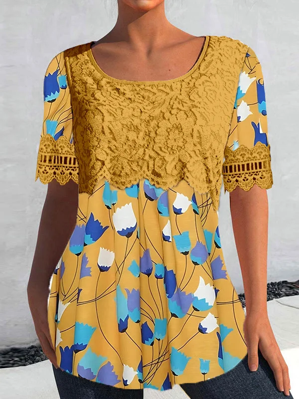 Women's Short Sleeve Scoop Neck Lace Stitching Floral Printed Graphic Top