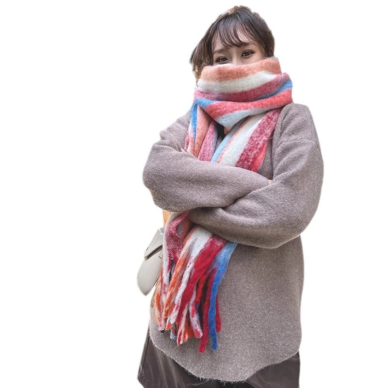 Latest Mohair Striped Tassel Scarf Fashion Geometric Gradient Shawl Japanese And Korean Versatile Thickened Scarf