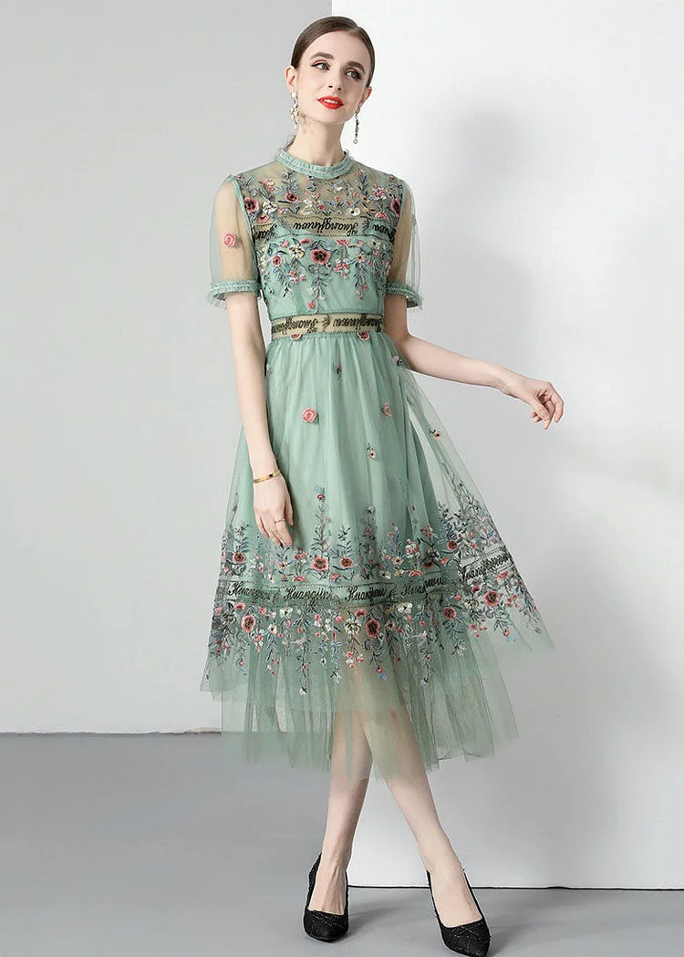 French Light Green Ruffled Embroideried Wrinkled Tulle Dress Summer