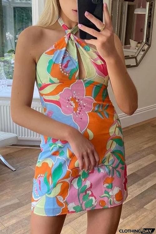 Print Halter Neck Backless Mini Dress